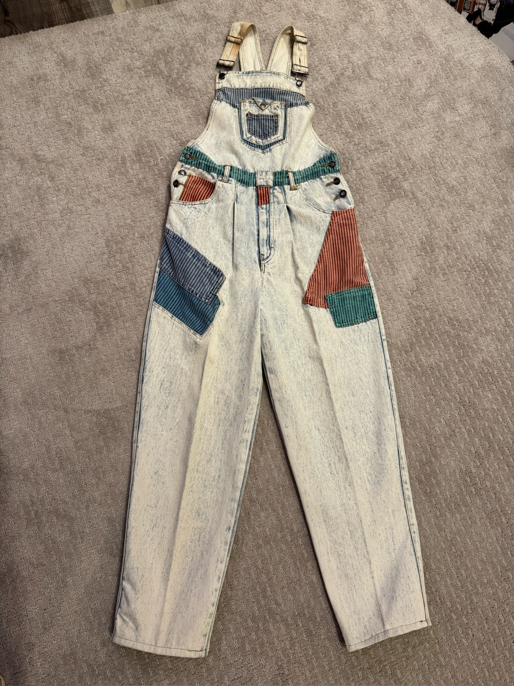 Vintage Kozmic Blues light blue multi color  striped patchwork Denim Overalls!